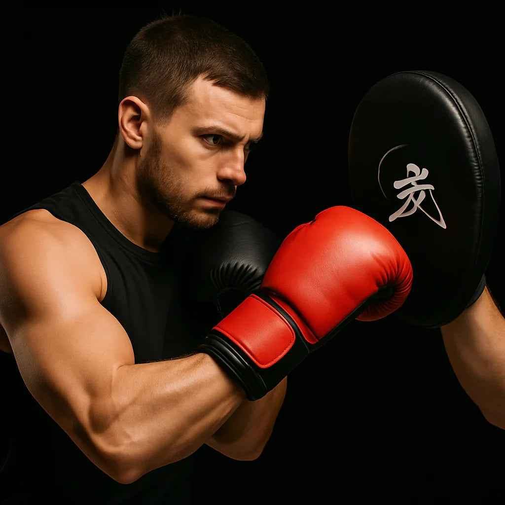 Boxeur concentré avec gants rouges s’entraînant avec une patte d’ours noire, fond sombre