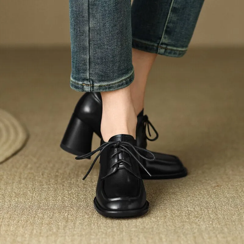 Amozae 2023 Spring Women Loafers Split Leather Pumps Women Round Toe Square Heel Women Shoes Casual High Heel Shoes Women Lace-up Shoes