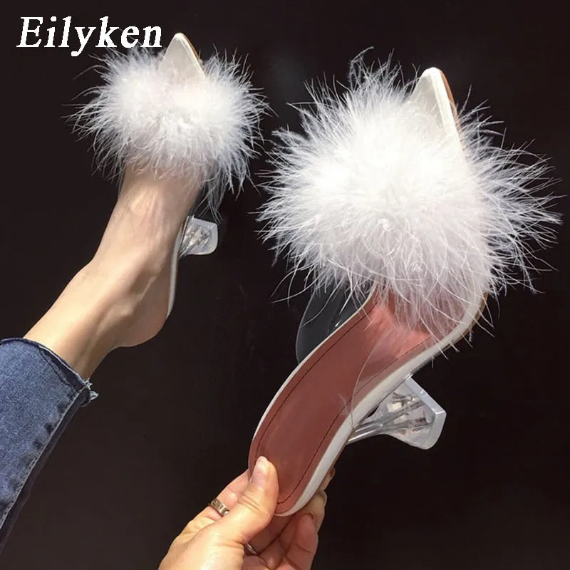 Amozae- 2024 New PVC shoes Woman Feather Transparent High heels Fur Pumps Slippers Women Peep toe Mules Lady Pumps Slides White