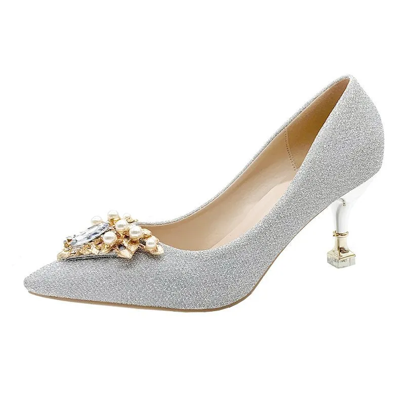 Amozae-  2024 Spring and Autumn Fashion Simple Rhinestone Pearl Stiletto Pointed Wedding Heels High 7CM Red and Silver High Heels Women