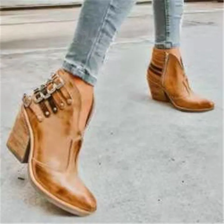 Amozae Heel Boot Ethnic Women Fringe Buckle Faux Suede Leather Ankle Boots Woman Girl Flat Shoes Chelsea Booties