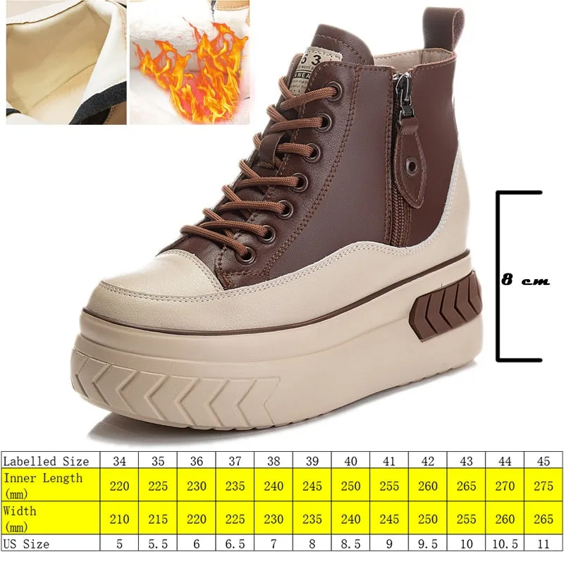 Amozae  High Top Women Shoes Genuine Pleather 8Cm Platform Wedge Hidden Heel Zipper Spring Autumn Warm Fur Winter Shooes Sneakers