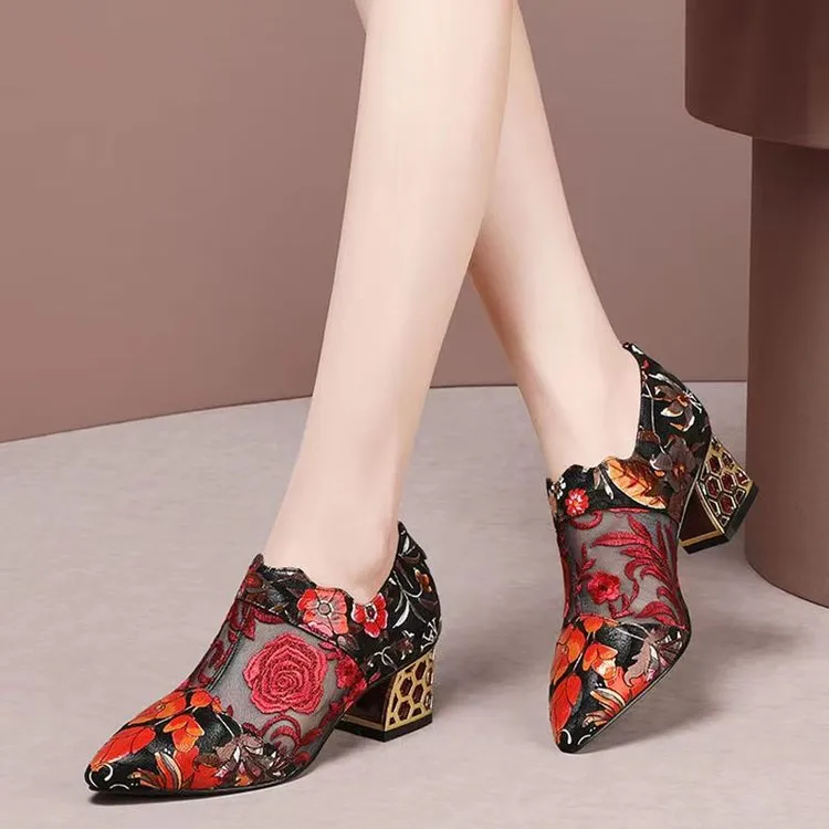 Amozae New Fashion Personality Pointed Toe Sandals Women Summer New Mid Heel Square Heel Zipper Printed Casual Ladies High Heels