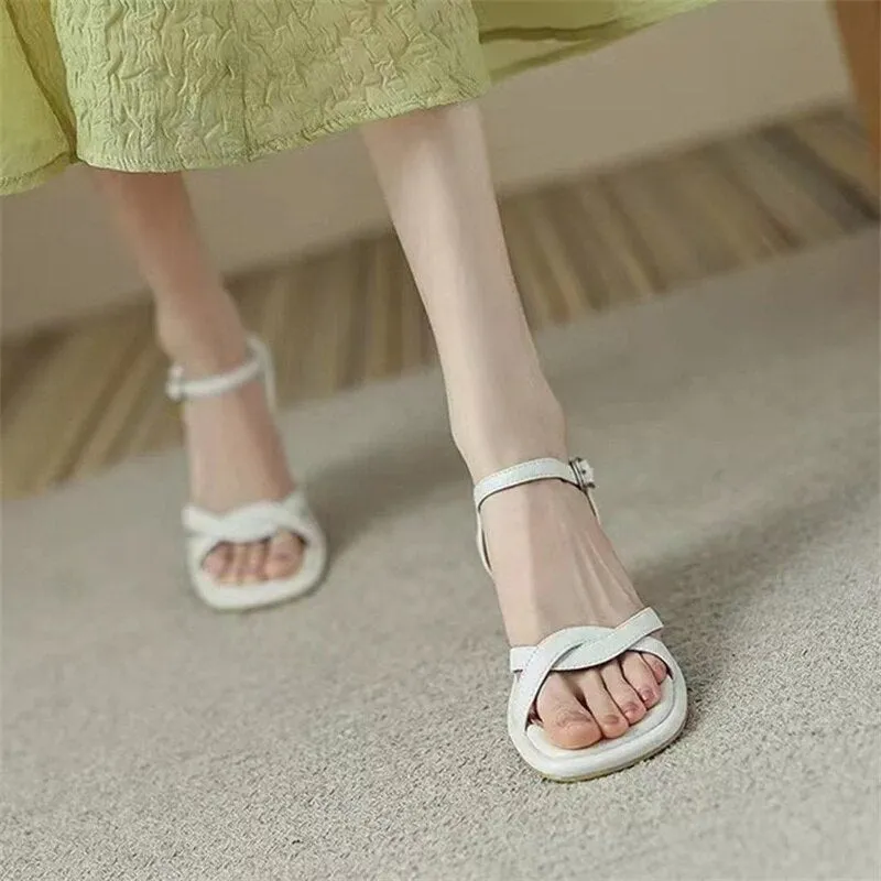 Amozae One Word Buckle High Heel Sandals Women's 2022 Summer New Shoes Open Toe Thick Heel Simple Fashion Women's Shoes Roman Shoes