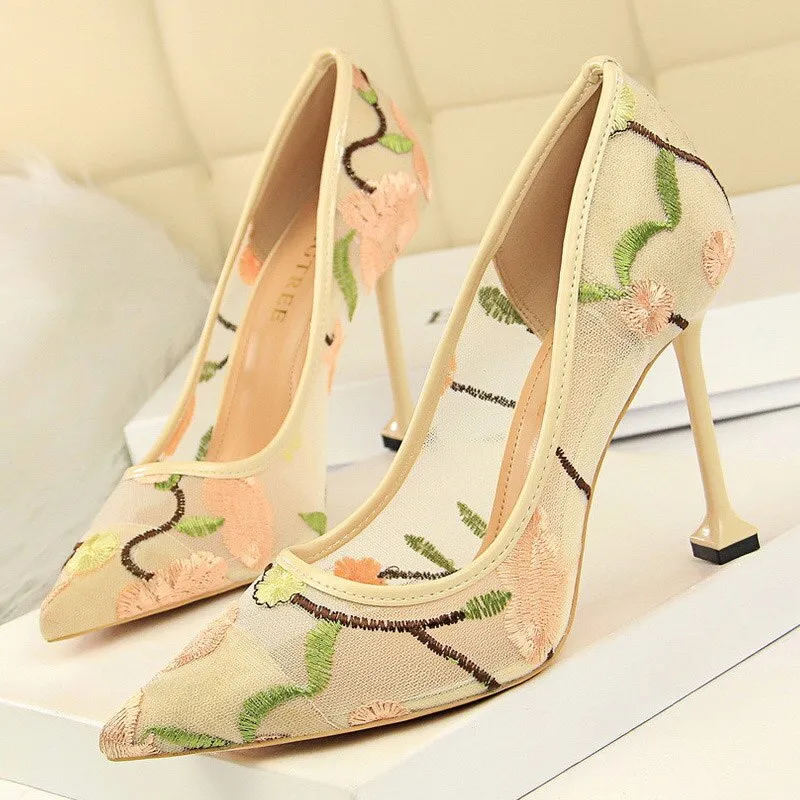 Amozae-  Summer Fashion High Heels Women's Floral Embroidered Lace   Party Stiletto High Heels Mesh Women's Shoes