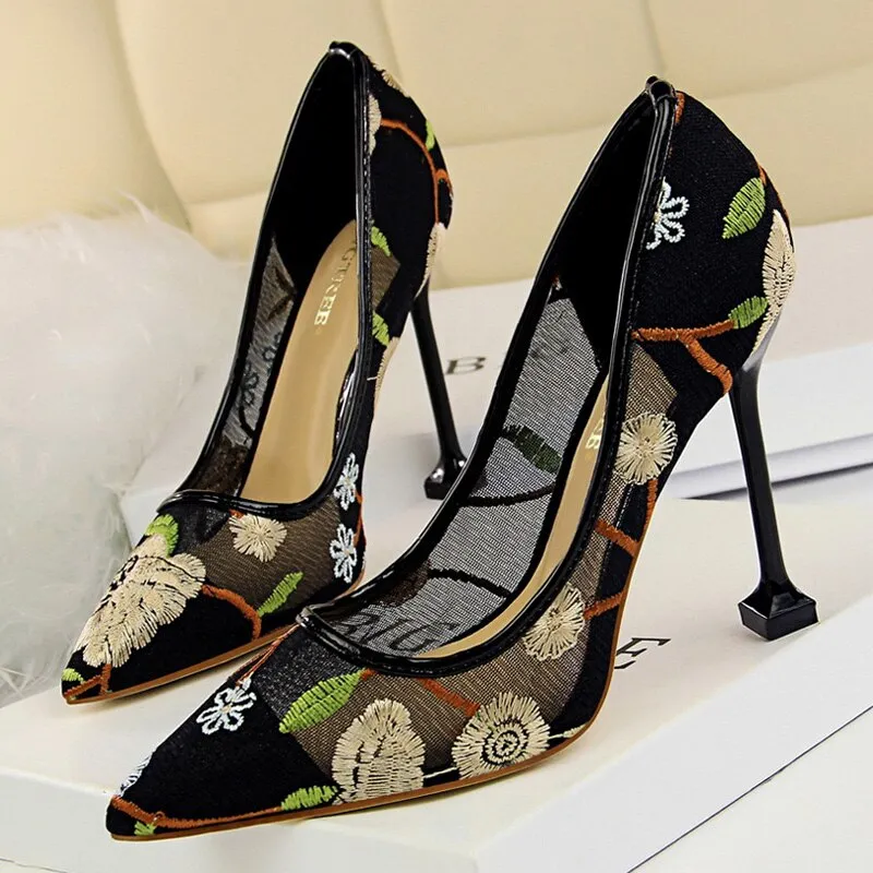 Amozae-  Summer Fashion High Heels Women's Floral Embroidered Lace   Party Stiletto High Heels Mesh Women's Shoes