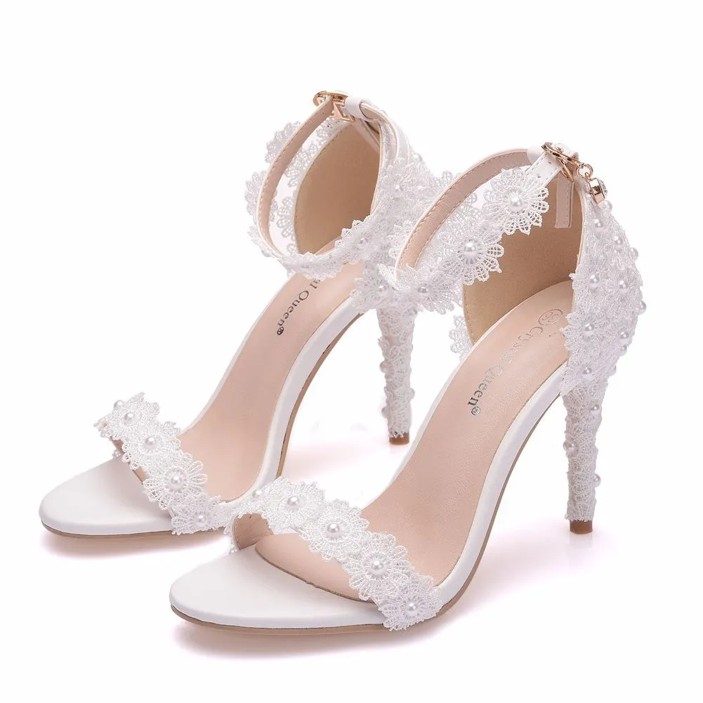 Amozae  White Ankle Strap Lace Flowers Elegant Party Sandals Thin High Heels Women Big Size Summer Office Wedding Shoes Stilettos H0036