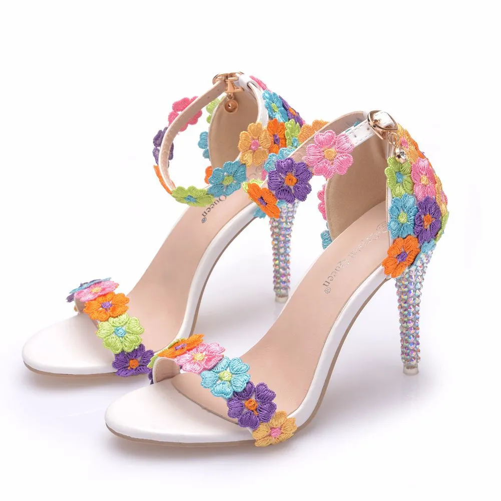 Amozae  White Ankle Strap Lace Flowers Elegant Party Sandals Thin High Heels Women Big Size Summer Office Wedding Shoes Stilettos H0036