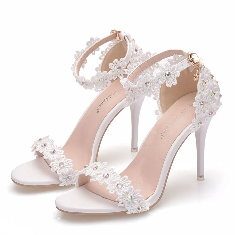 Amozae  White Ankle Strap Lace Flowers Elegant Party Sandals Thin High Heels Women Big Size Summer Office Wedding Shoes Stilettos H0036