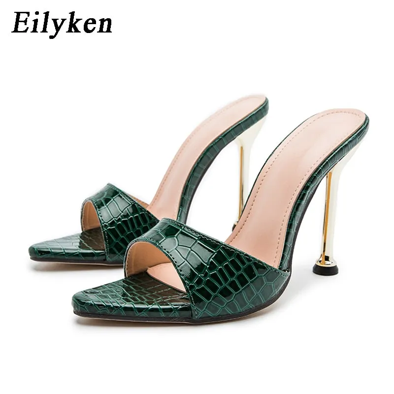 Amozae- Women slippers Snake Print Strappy Mule high heels Slippers Sandals flip flops Pointed toe Slides Party shoes Woman