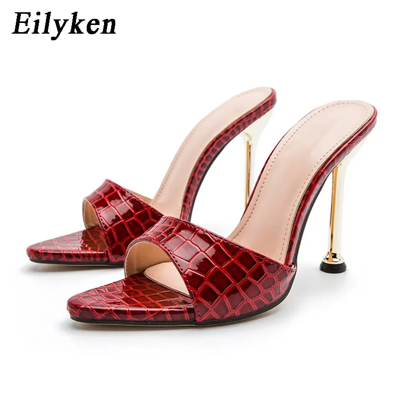 Amozae- Women slippers Snake Print Strappy Mule high heels Slippers Sandals flip flops Pointed toe Slides Party shoes Woman