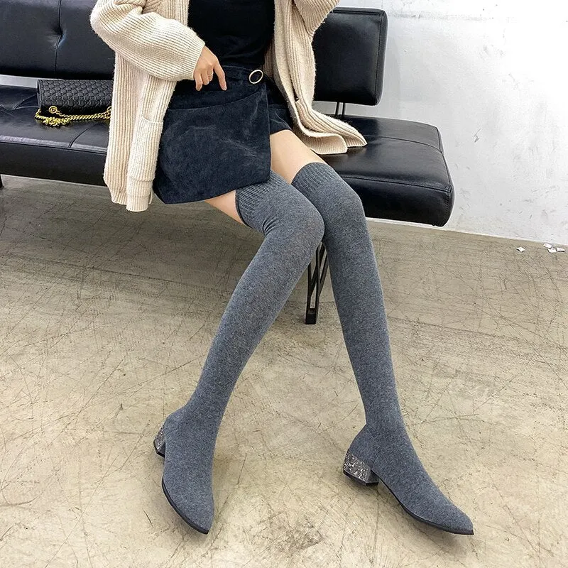 Amozae- women's knee-length high boots square rhinestone heel high heels pointed toe fashionable   stretch warm thin socks boots