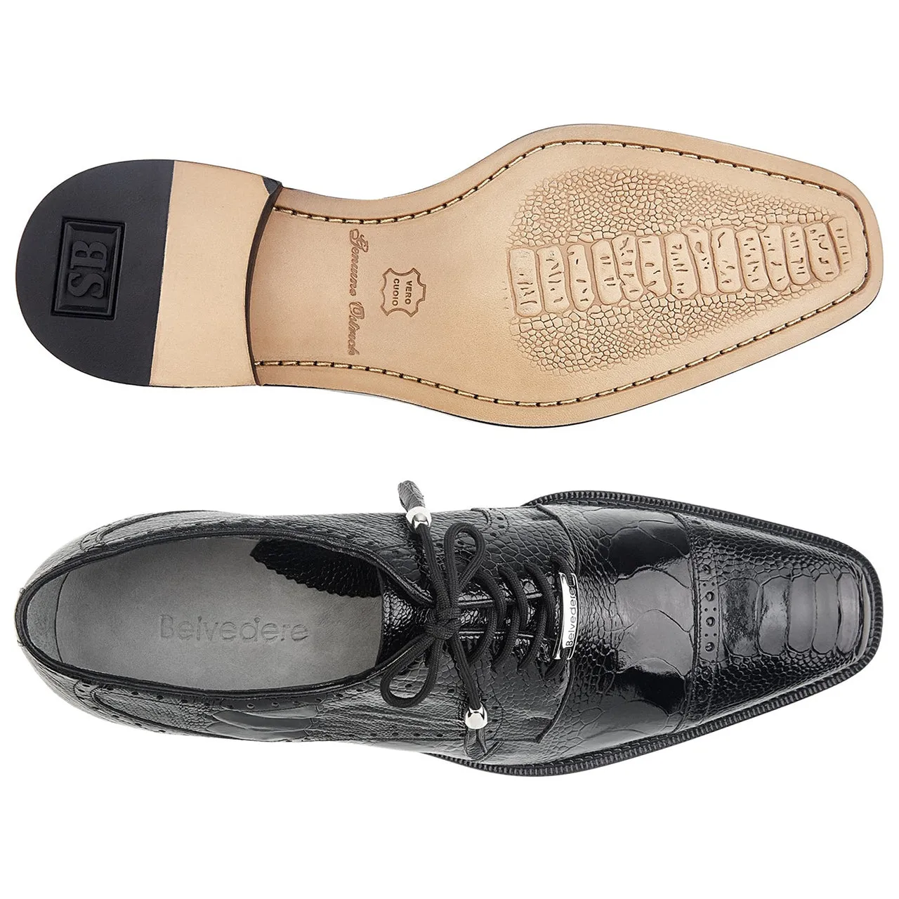 Belvedere Batta Black Genuine Ostrich Cap-toe Men's Lace-up Shoes