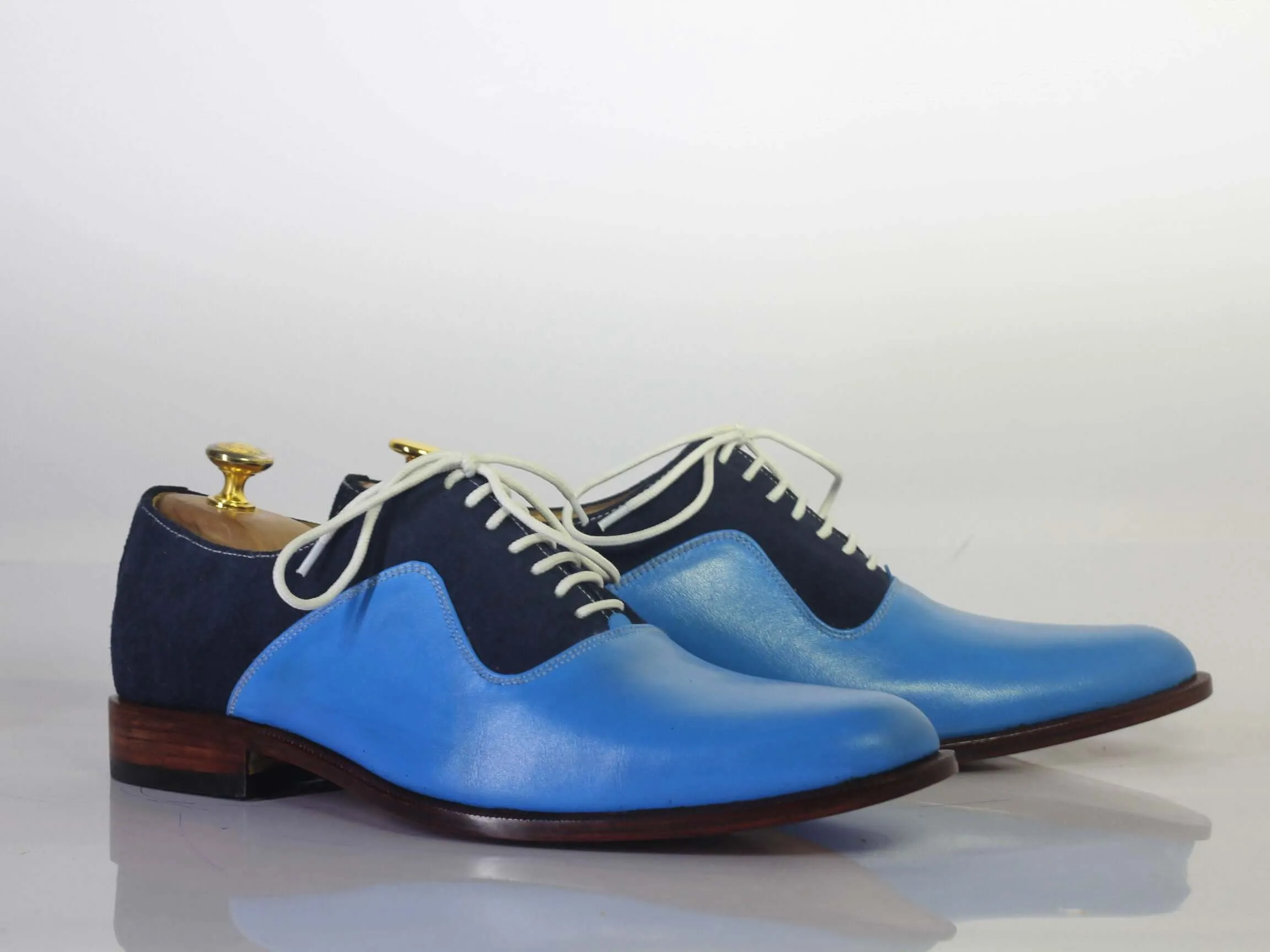 Bespoke Navy Blue Sky Blue Leather Suede Shoes