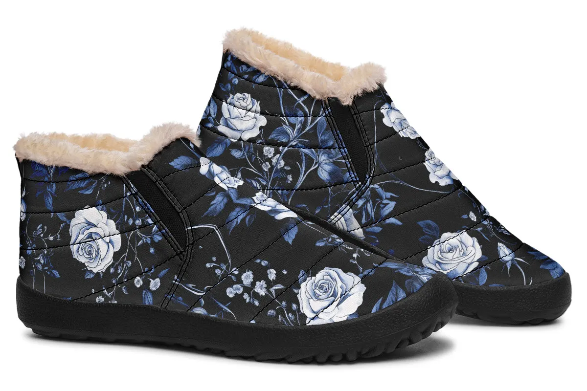 Blue Rose Romance Winter Sneakers - Warm & Easy Slip-On Shoes Lined with Vegan Wool with Anti-Slip Soles