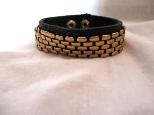 GOLD BRICK WALL Mesh BLACK Leather Bracelet Cuff Hippie Boho Goldtone