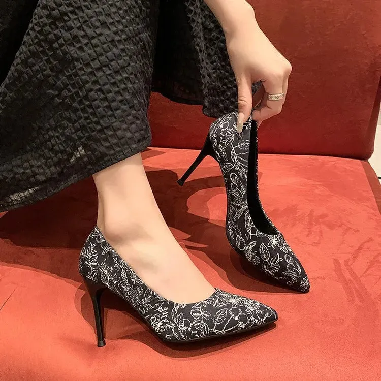 High heels female  new Korean fashion printing pointed shallow mouth fine heel single shoes