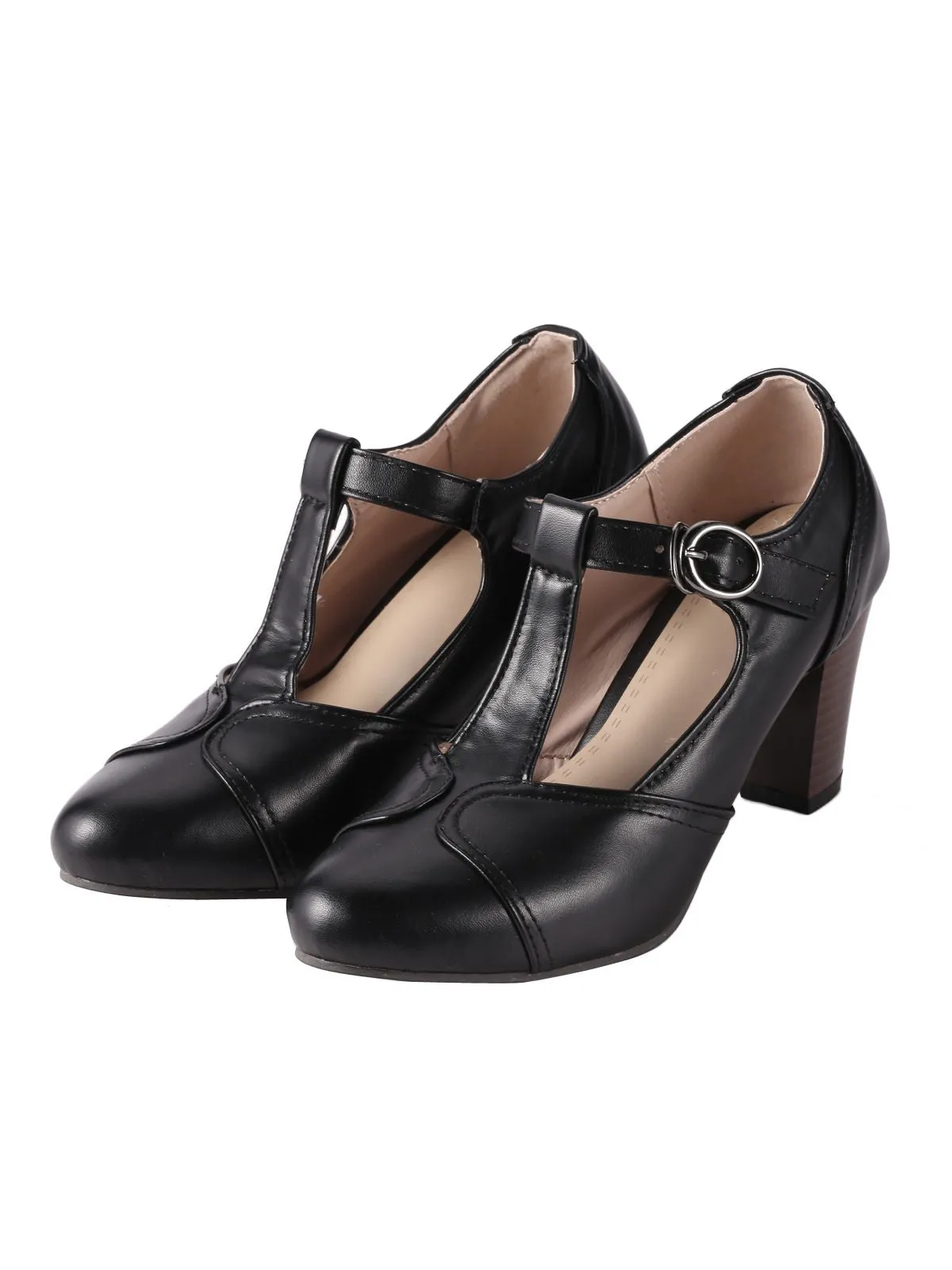 Latest Black T-Strap Chunky Heels Shoes