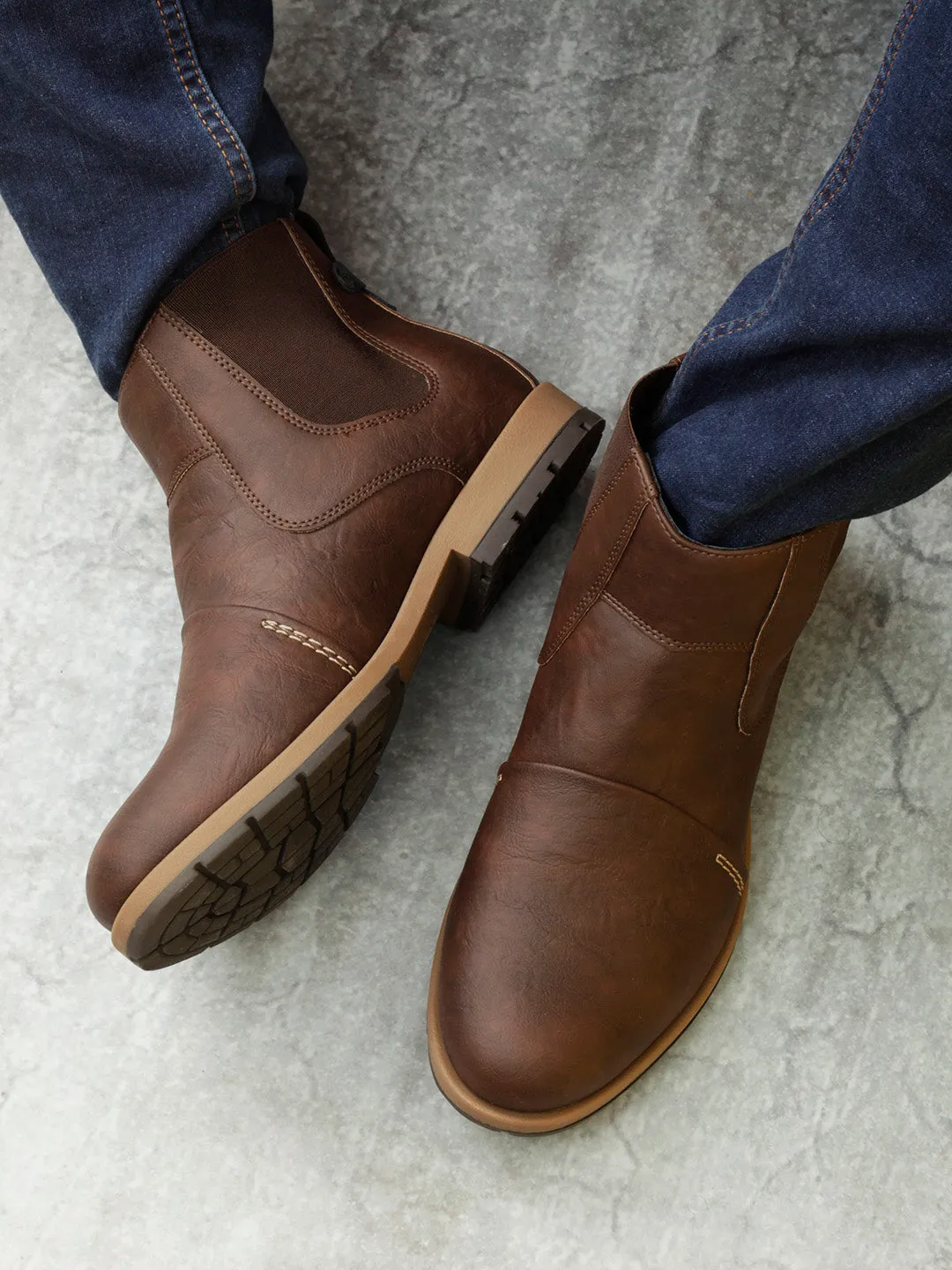 Men's Brown Round Toe Slip on Ankle Boot (IX1039)