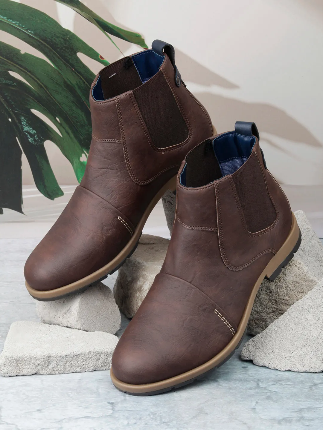 Men's Brown Round Toe Slip on Ankle Boot (IX1039)