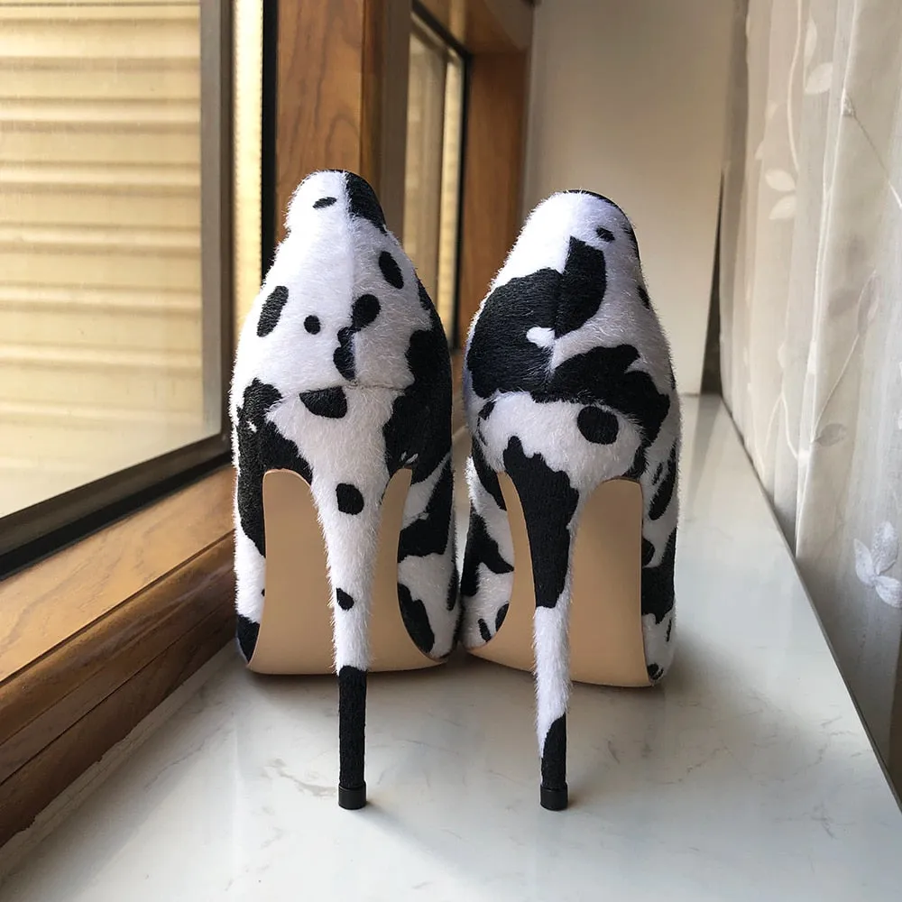 Tikicup Cow Print Women White Hairy Flock Pointy Toe High Heel Shoes Sexy Celebrity Ladies Slip On Stiletto Pumps for Party