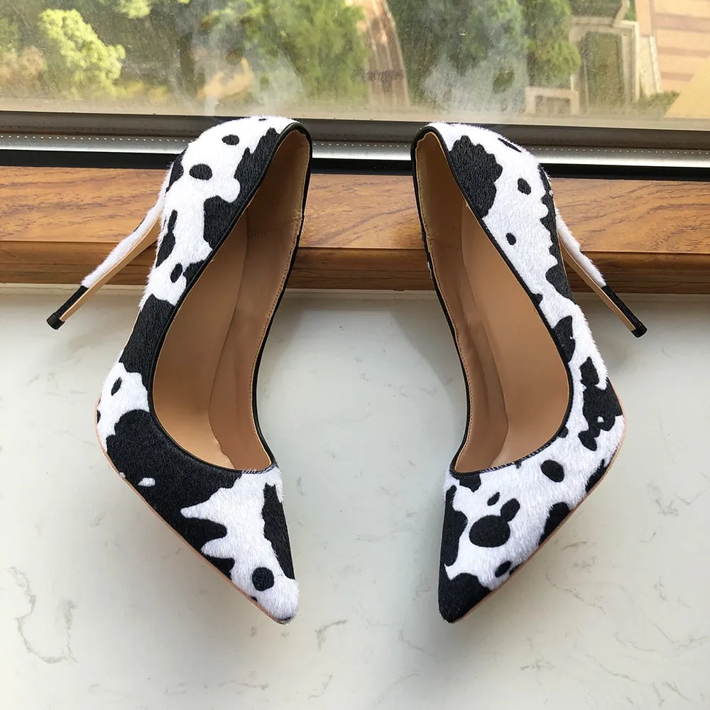 Tikicup Cow Print Women White Hairy Flock Pointy Toe High Heel Shoes Sexy Celebrity Ladies Slip On Stiletto Pumps for Party