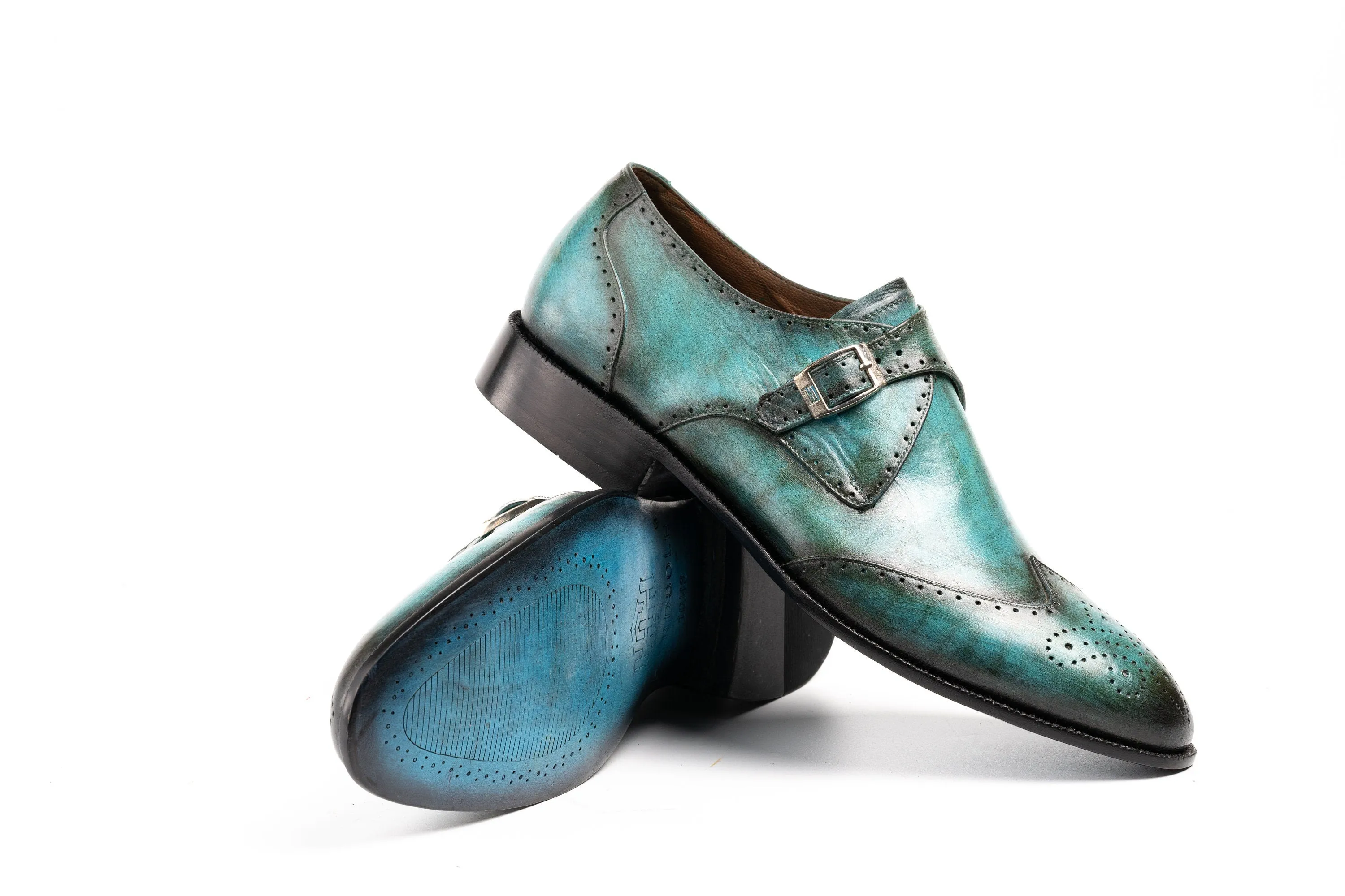 Turquoise Colored Single buckle Wingtip Monk Strap Patina Shoes Made using Crust Leather with Hand Dye Finish