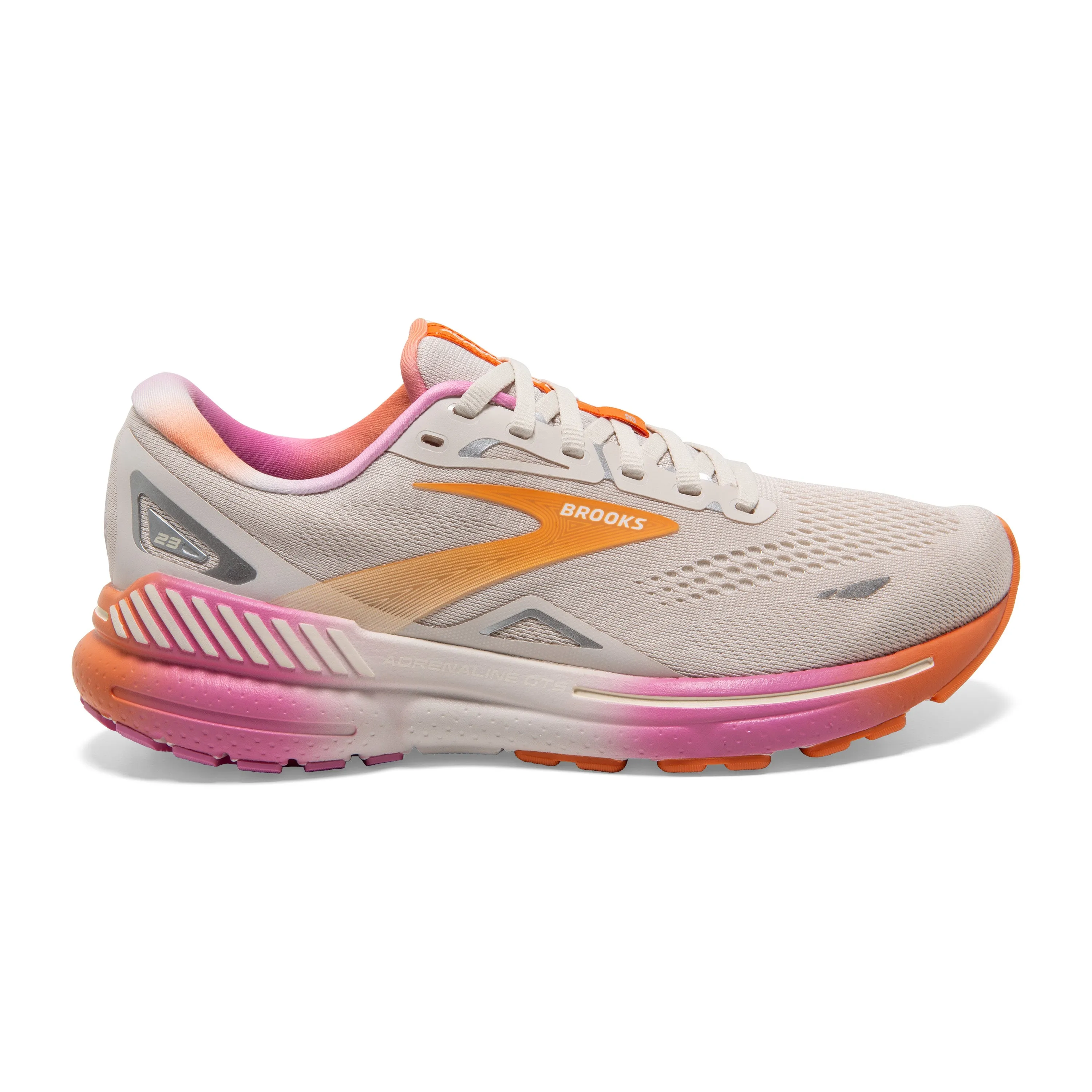 Women's Brooks Adrenaline GTS 23 Color: White Sand/Sunset/Fuchsia