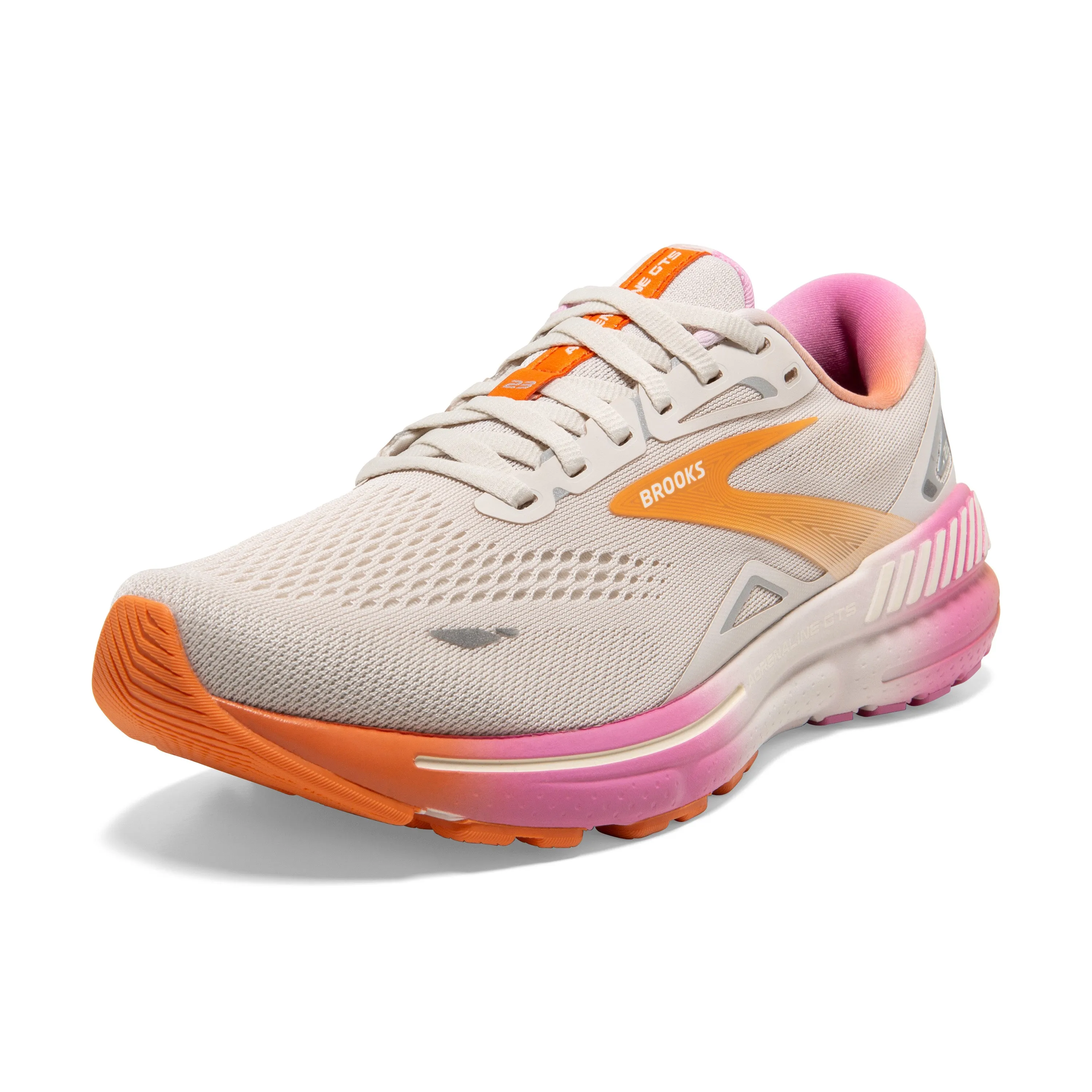 Women's Brooks Adrenaline GTS 23 Color: White Sand/Sunset/Fuchsia